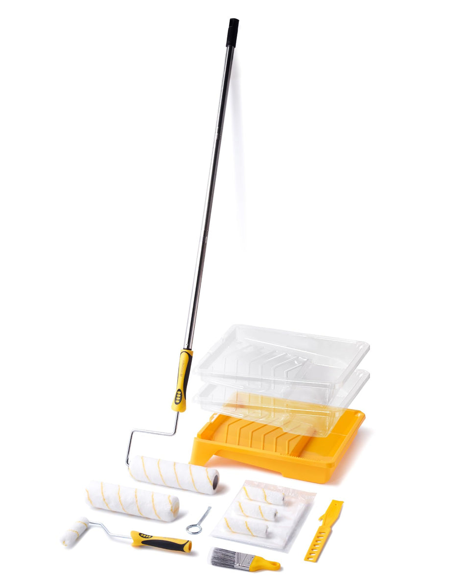 Voomey paint roller kit with extension pole showing adjustable reach for high walls.