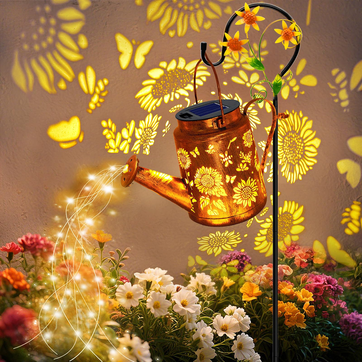 VOOKRY solar watering can light hanging over a sunlit garden for whimsical illumination.