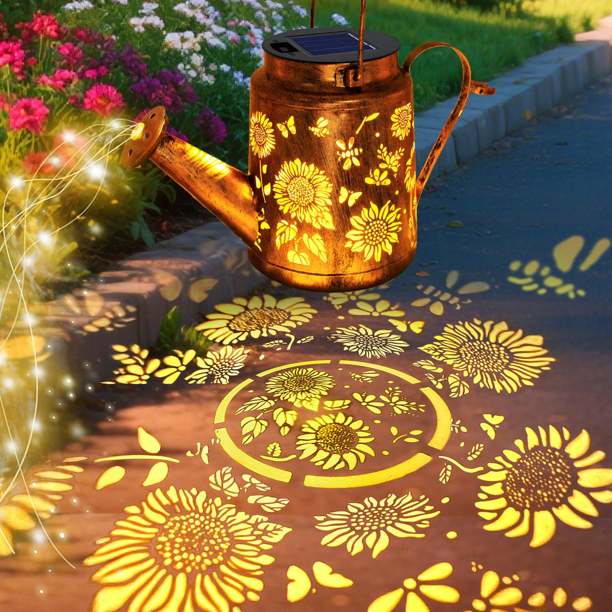 VOOKRY solar lights with sunflower decor lighting a garden path at night.