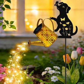VOOKRY solar watering can lights with dog silhouette stake for garden decor at night.