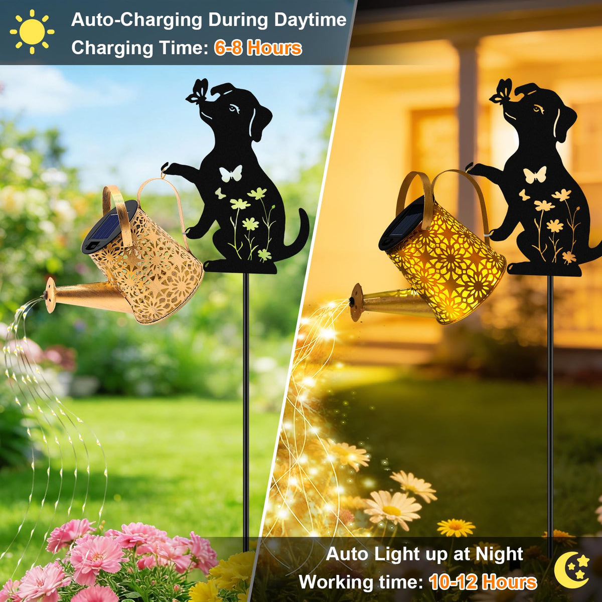 VOOKRY dancing water-light effect with six LED strands creates nighttime ambiance.
