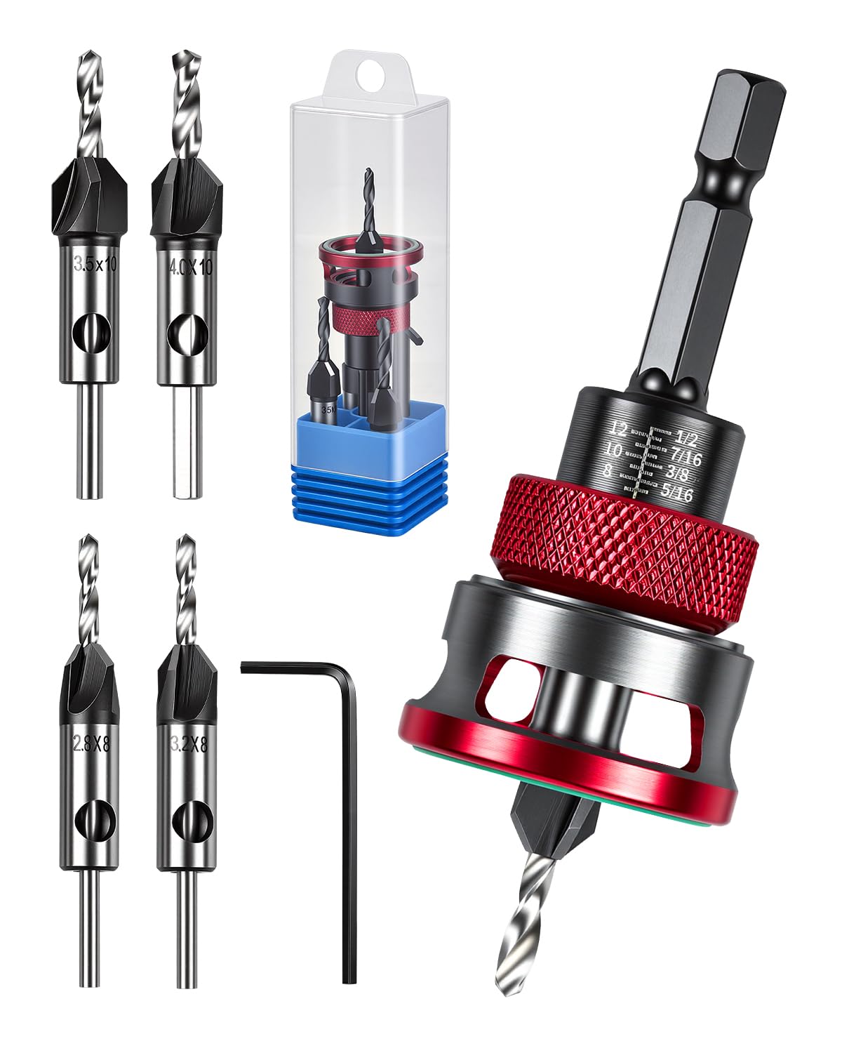 Vorhixa 7-piece countersink set in case, easy to organize for quick project prep.