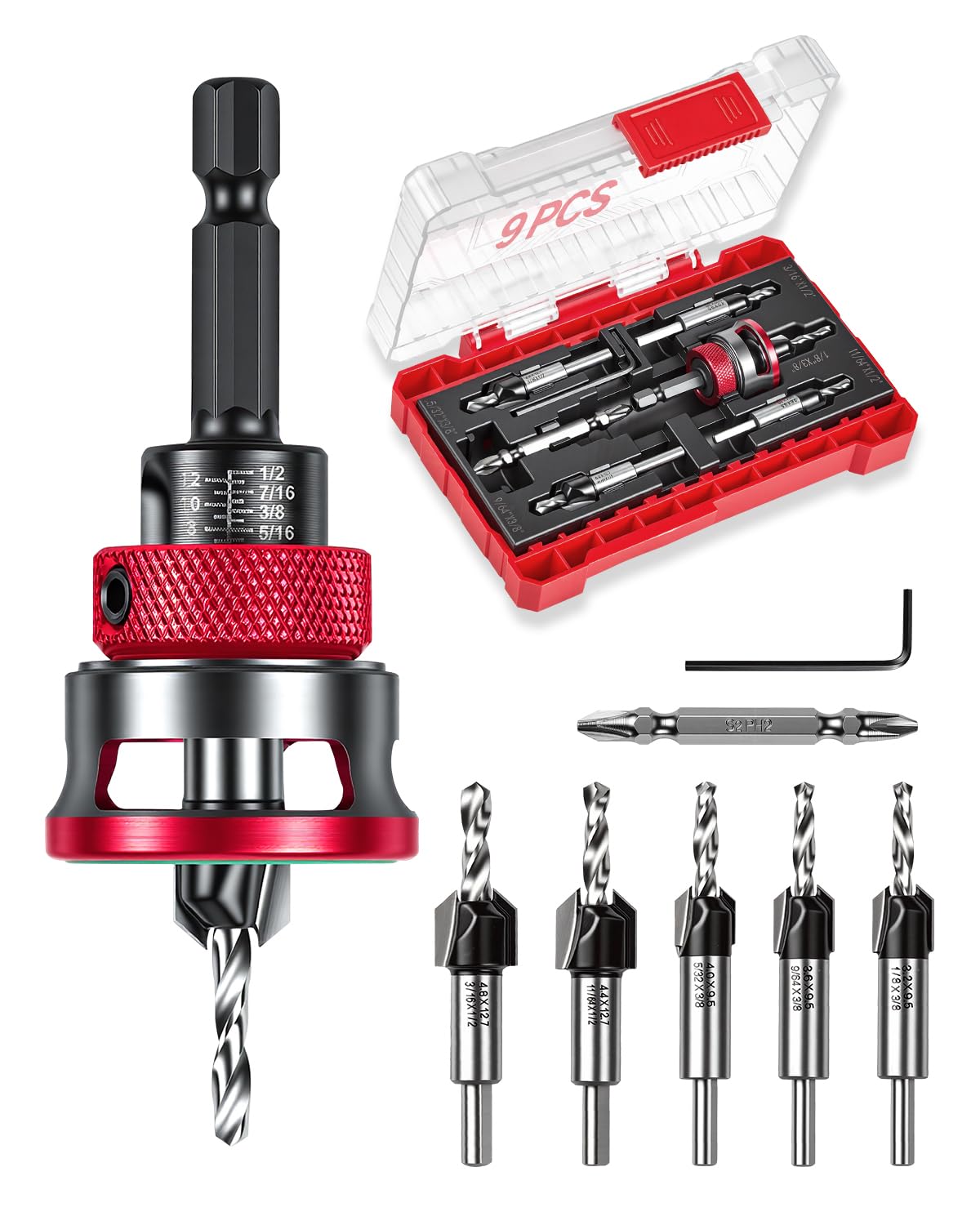 Vorhixa 9-piece countersink drill bits set for clean, precise sinks and counterbores.