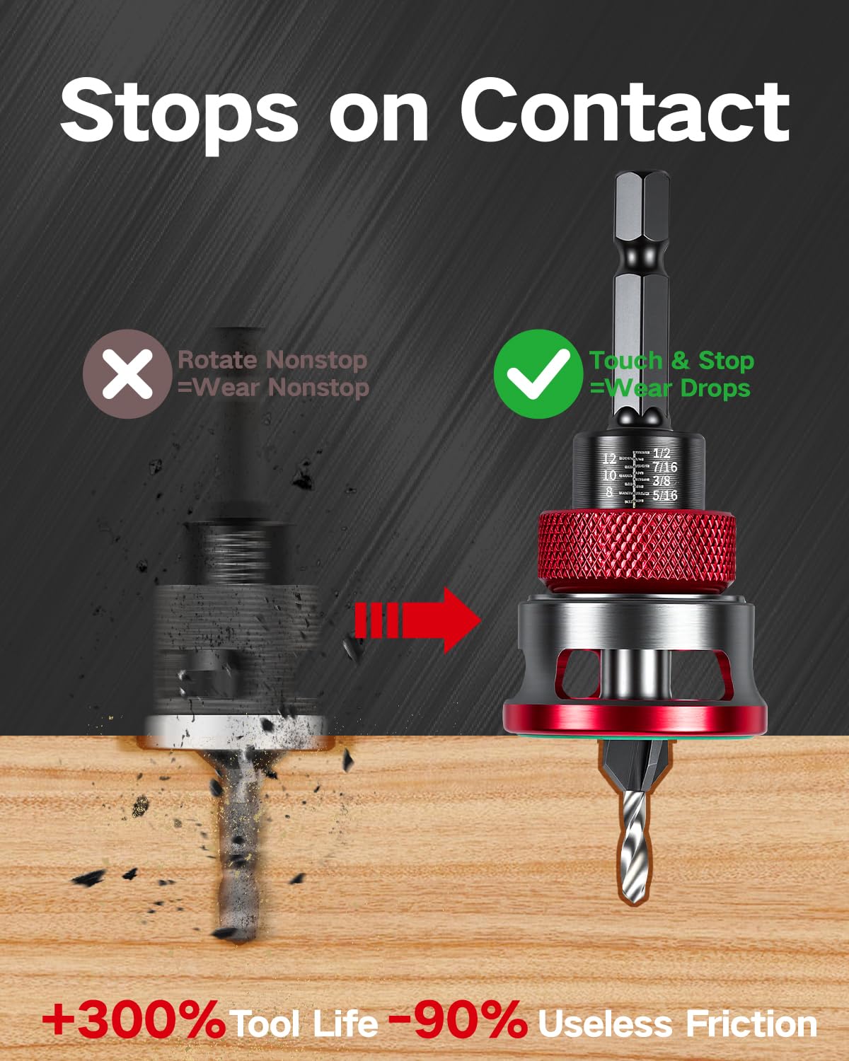 Vorhixa adjustable depth stop collar provides repeatable depths for consistent countersinks.