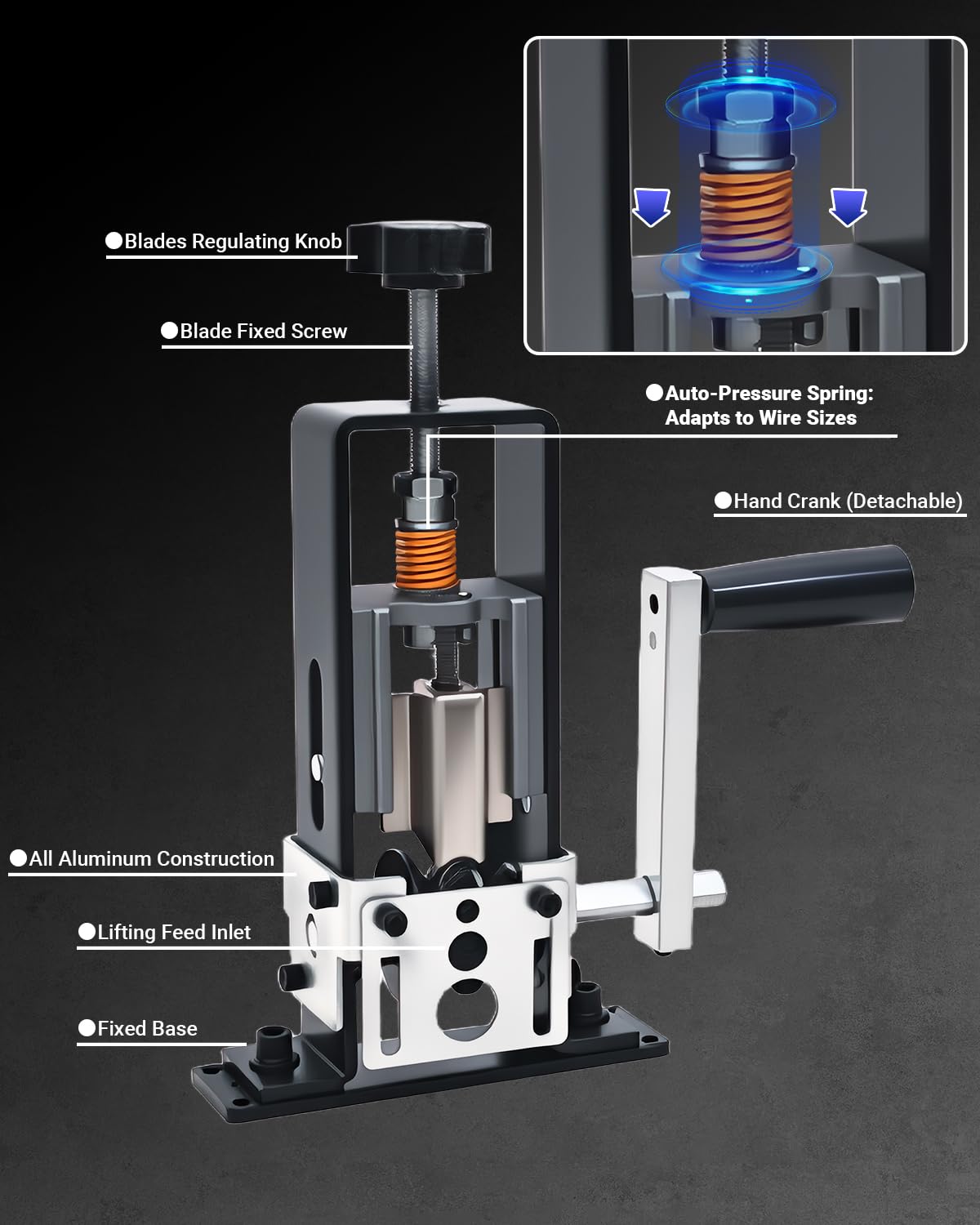 Vorhixa wire stripper spring-adapt system adjusts to wire curves for clean stripping