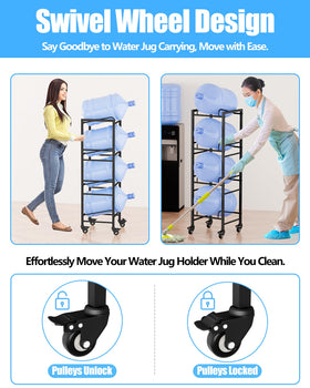 Vorshape water jug rack with movable casters for effortless reorganization.