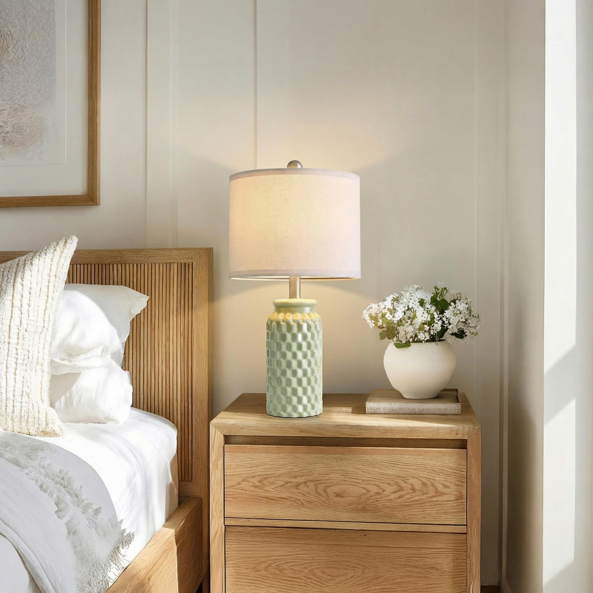 Vortether bedside lamps with honeycomb texture for balanced living room lighting.