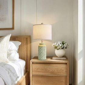 Vortether bedside lamps with honeycomb texture for balanced living room lighting.