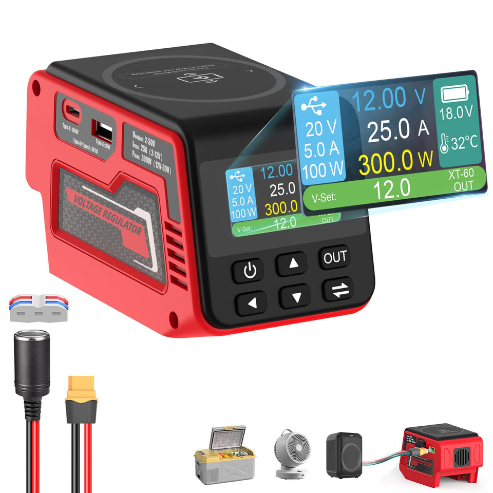 Vortlink 300W regulator connected to Milwaukee 18V battery for portable power.