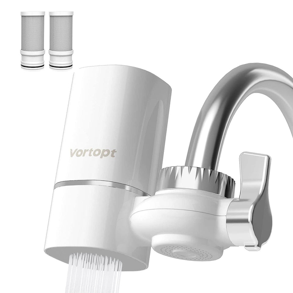 Vortopt faucet water filter being installed on a standard kitchen faucet for fresher water.