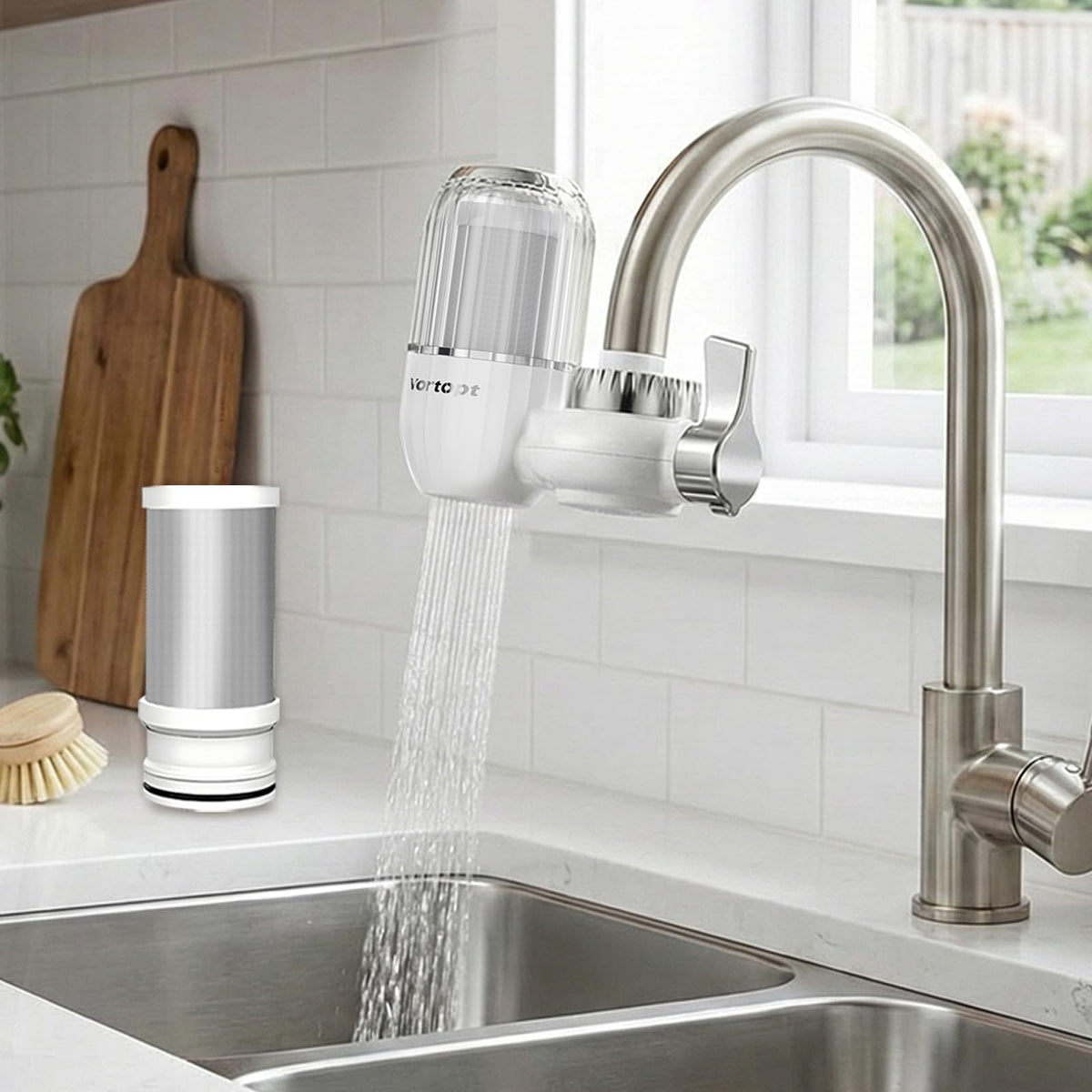Vortopt sink filter installation on a standard faucet for easy upgrade.