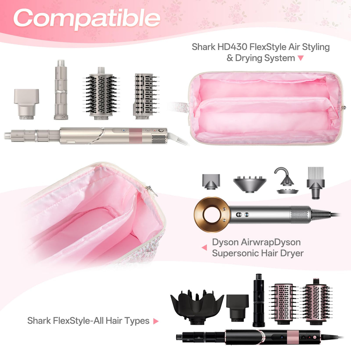 Voryssent Quilted Hair Tool Travel Bag interior with attachment compartments for Dyson Airwrap.