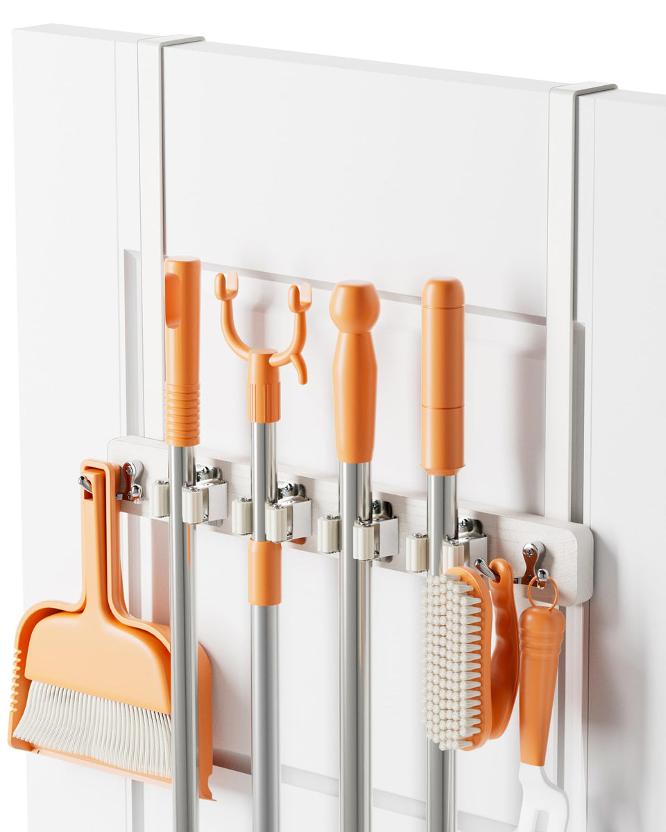 Vosturdy over-door mop and broom holder installed without drilling, keeps tools accessible.