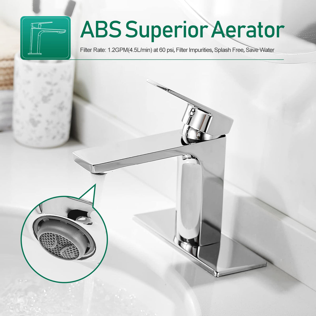 VOTON chrome bathroom faucet close-up lever demonstrates easy single-handle control