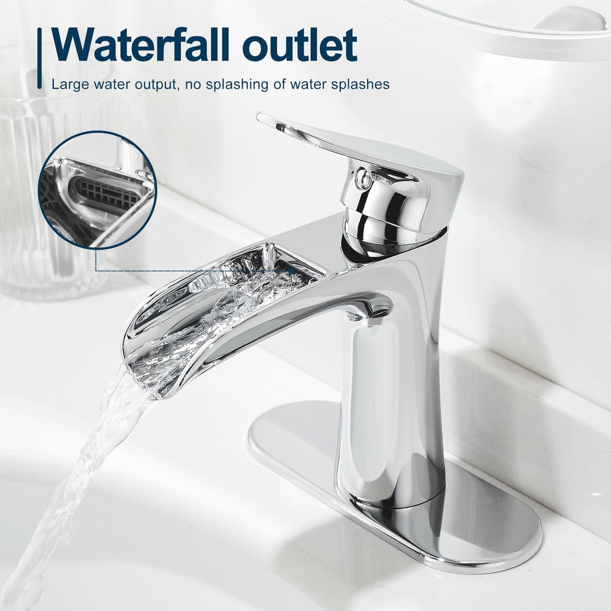 VOTON chrome faucet, deck-mount 1-hole setup for clean vanity appearance