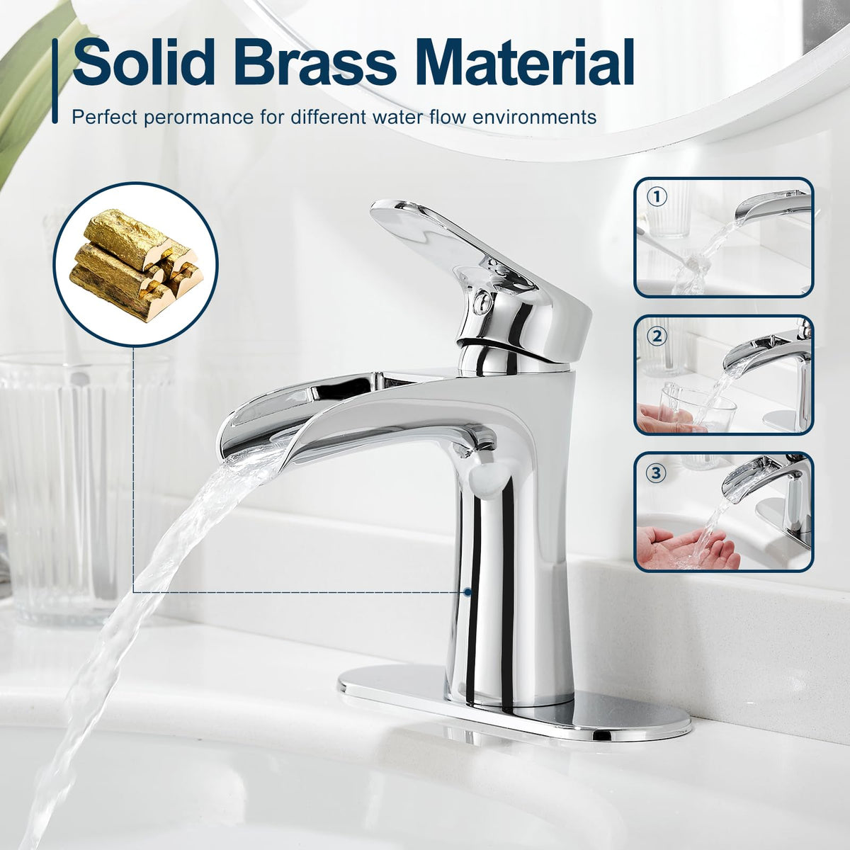 VOTON chrome faucet, deck-mount 3-hole configuration for versatile vanity layouts
