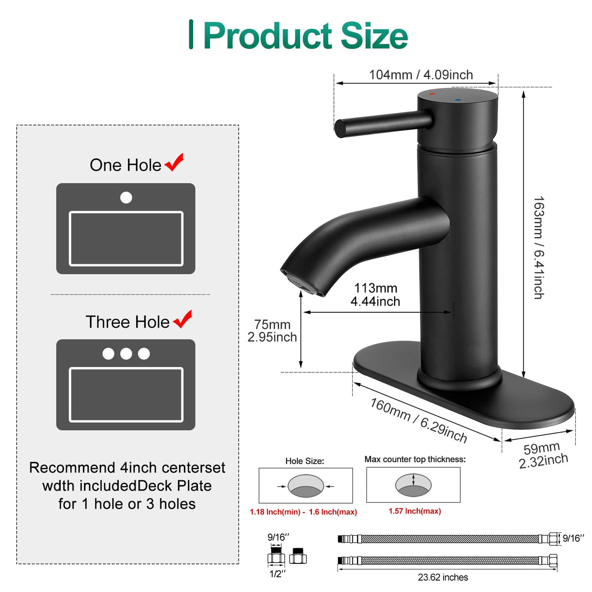 Installation of VOTON faucet for 1-hole or 3-hole sinks with deck plate.