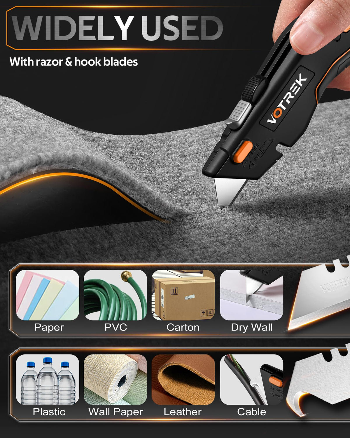 VOTREK box cutter aluminum body offers rugged durability.
