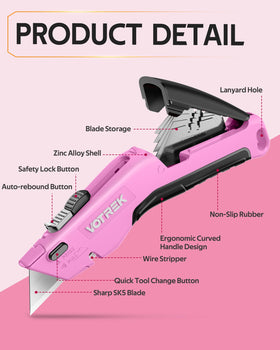 VOTREK pink box cutter passes 1.5m drop test for reliability.