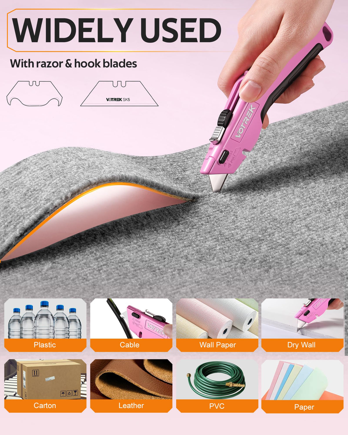 VOTREK pink box cutter quick-change blades for tool-free replacements.