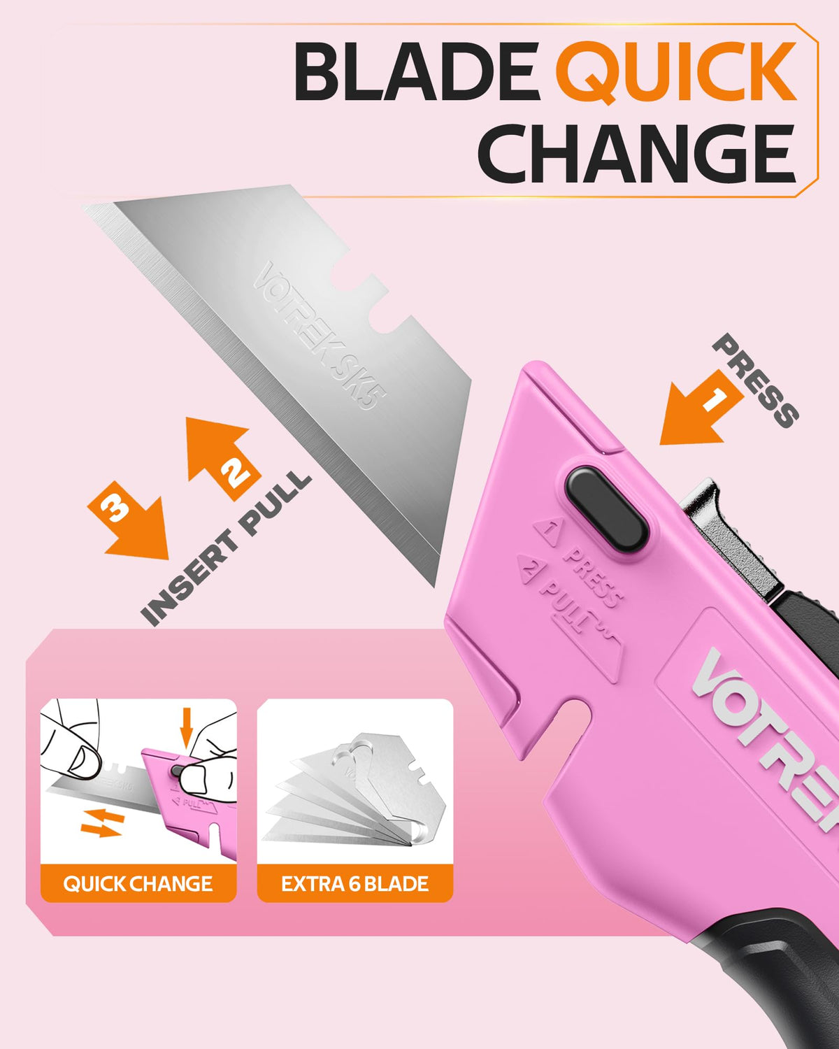 VOTREK pink box cutter suited for cardboard, carpet, vinyl, and more.