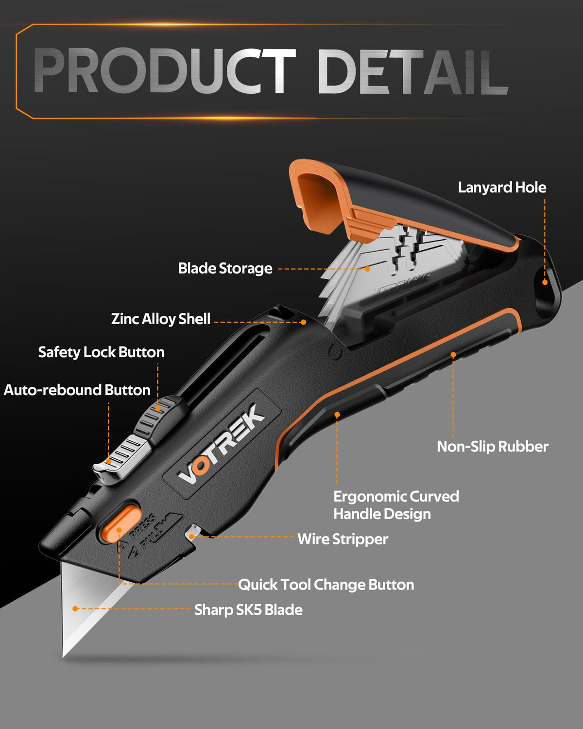 VOTREK box cutter quick blade-change enables fast replacements.