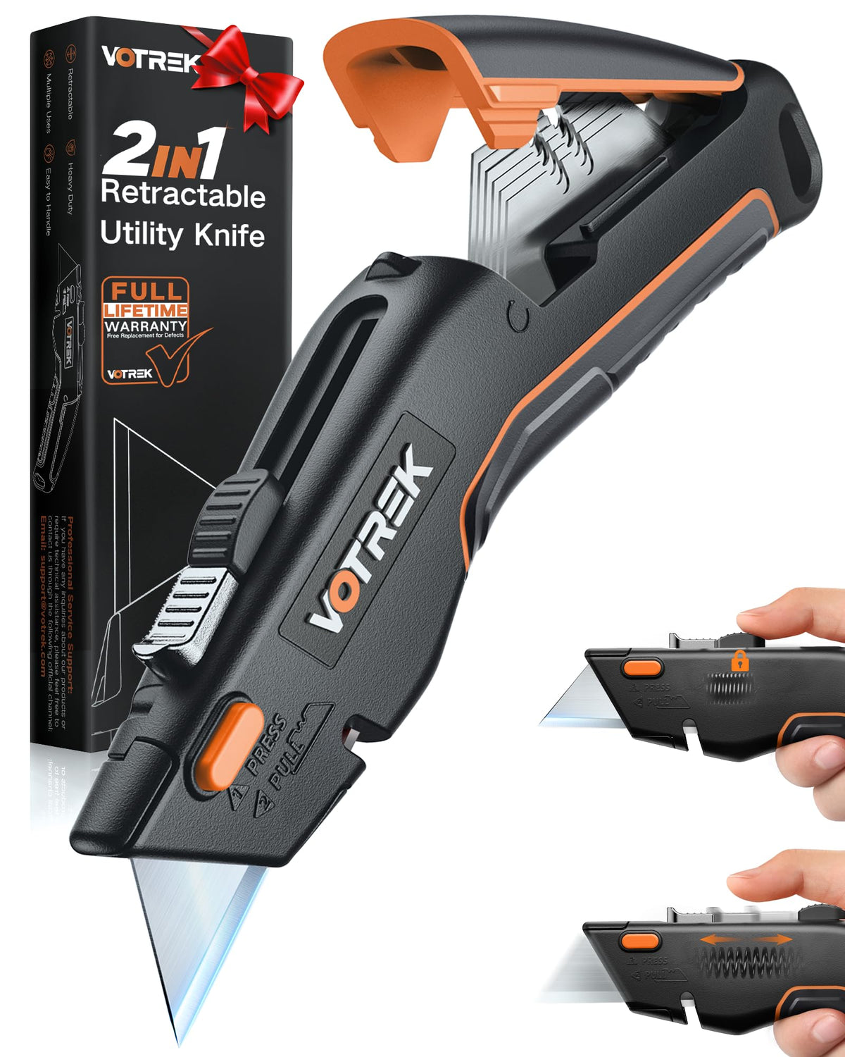 VOTREK box cutter two-in-one for smooth top cuts and safety locking.