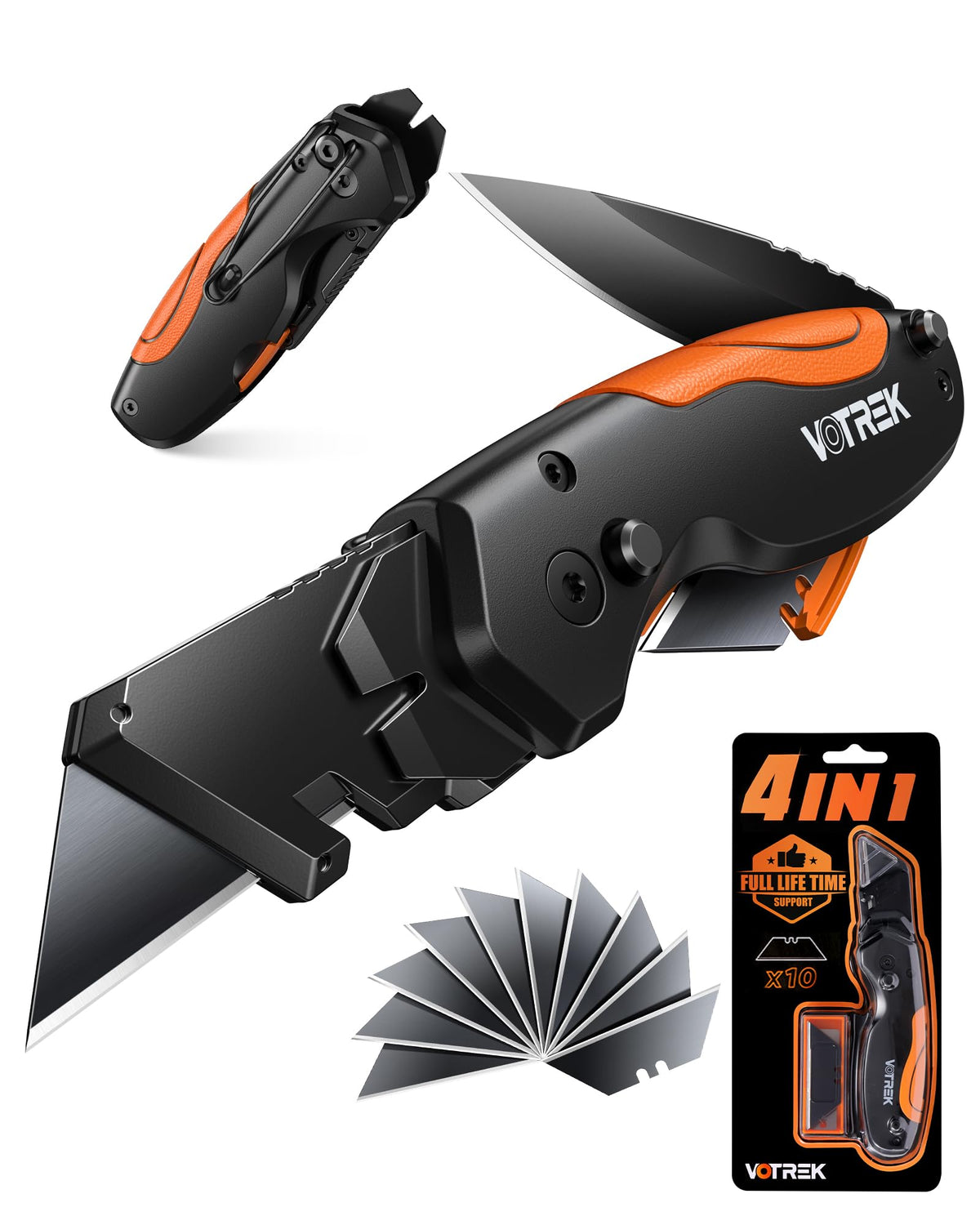 VOTREK 4-in-1 multitool folding knife in use for precise box cutting and opening packages safely.