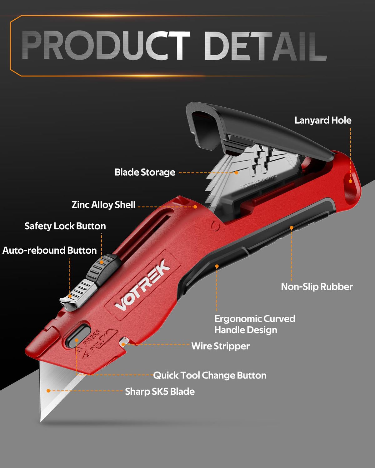 VOTREK Box Cutter ergonomic, non-slip grip for comfortable one-handed operation