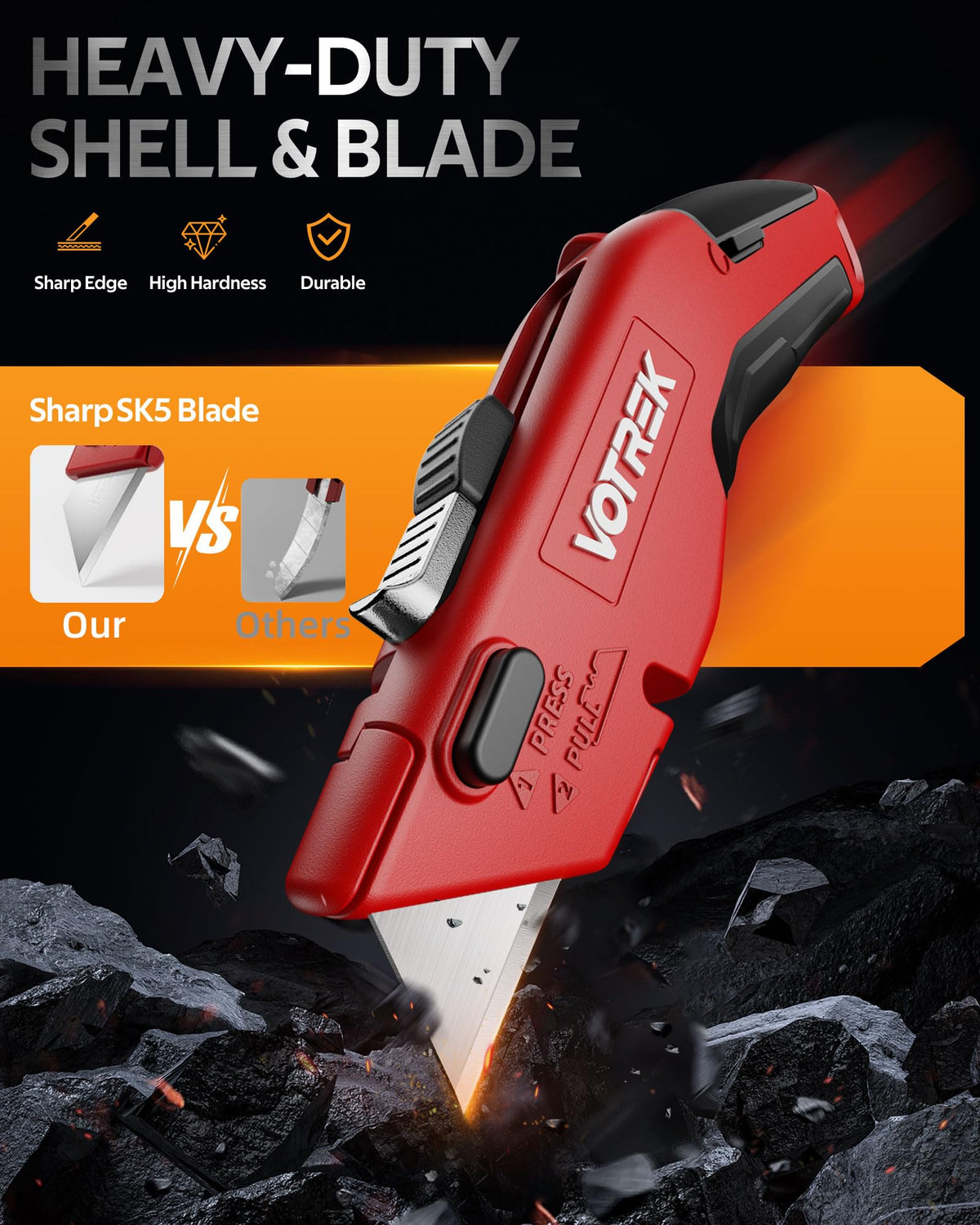 VOTREK Box Cutter manual lock keeps blade extended for heavy-duty work
