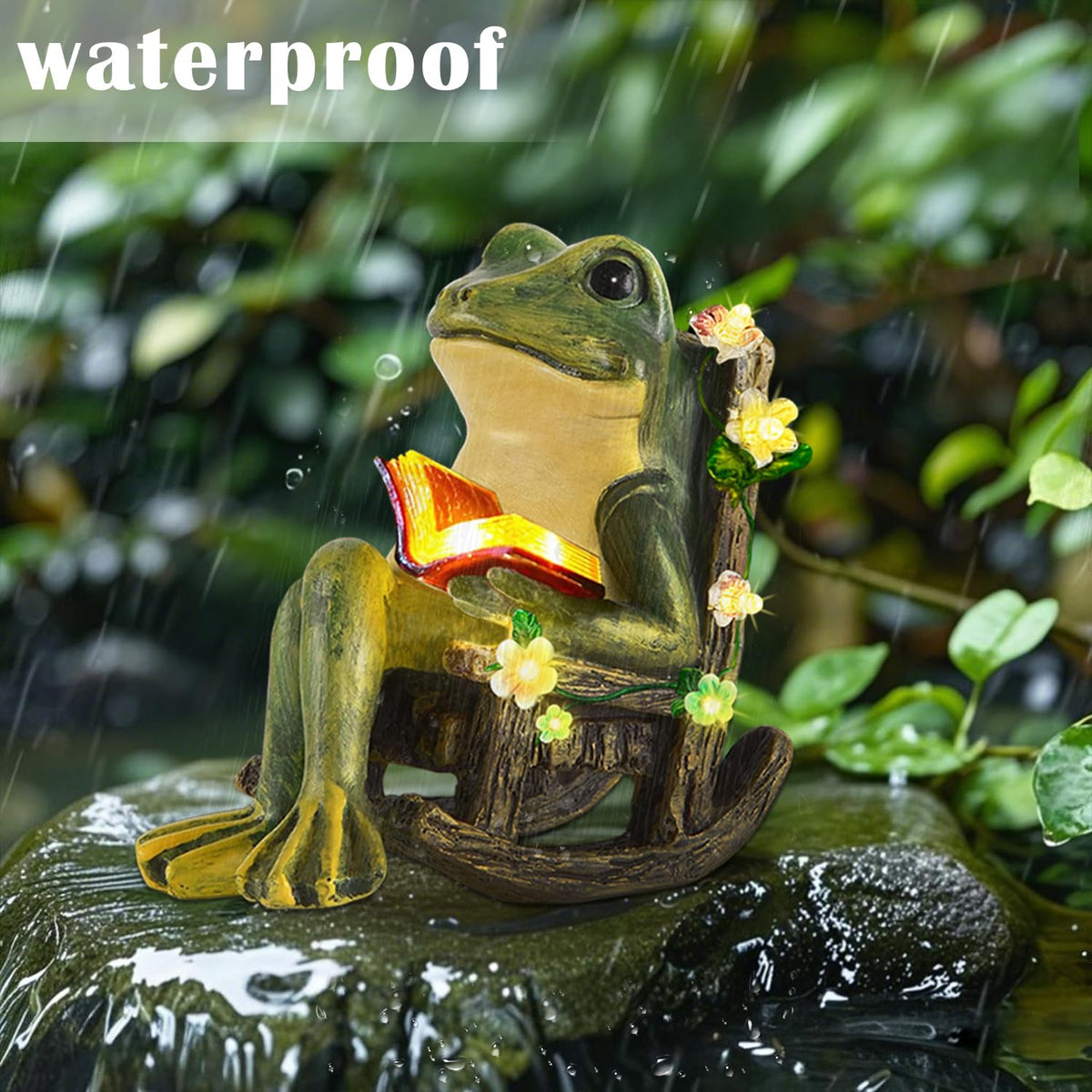 Vovkokc rocking-chair frog creates fairy garden ambiance withLED lights.