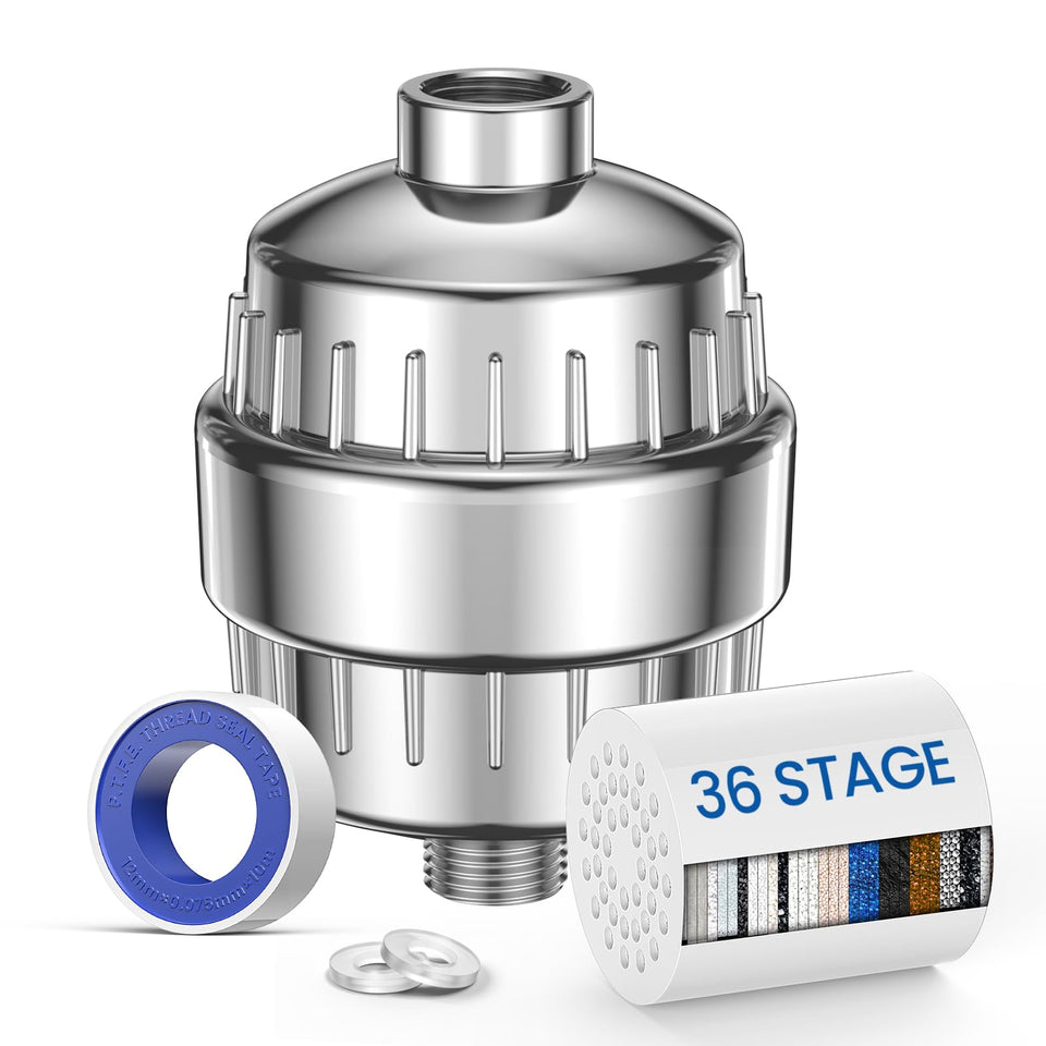 VOXON 36-stage shower filter full view with chrome housing for clean, filtered water.