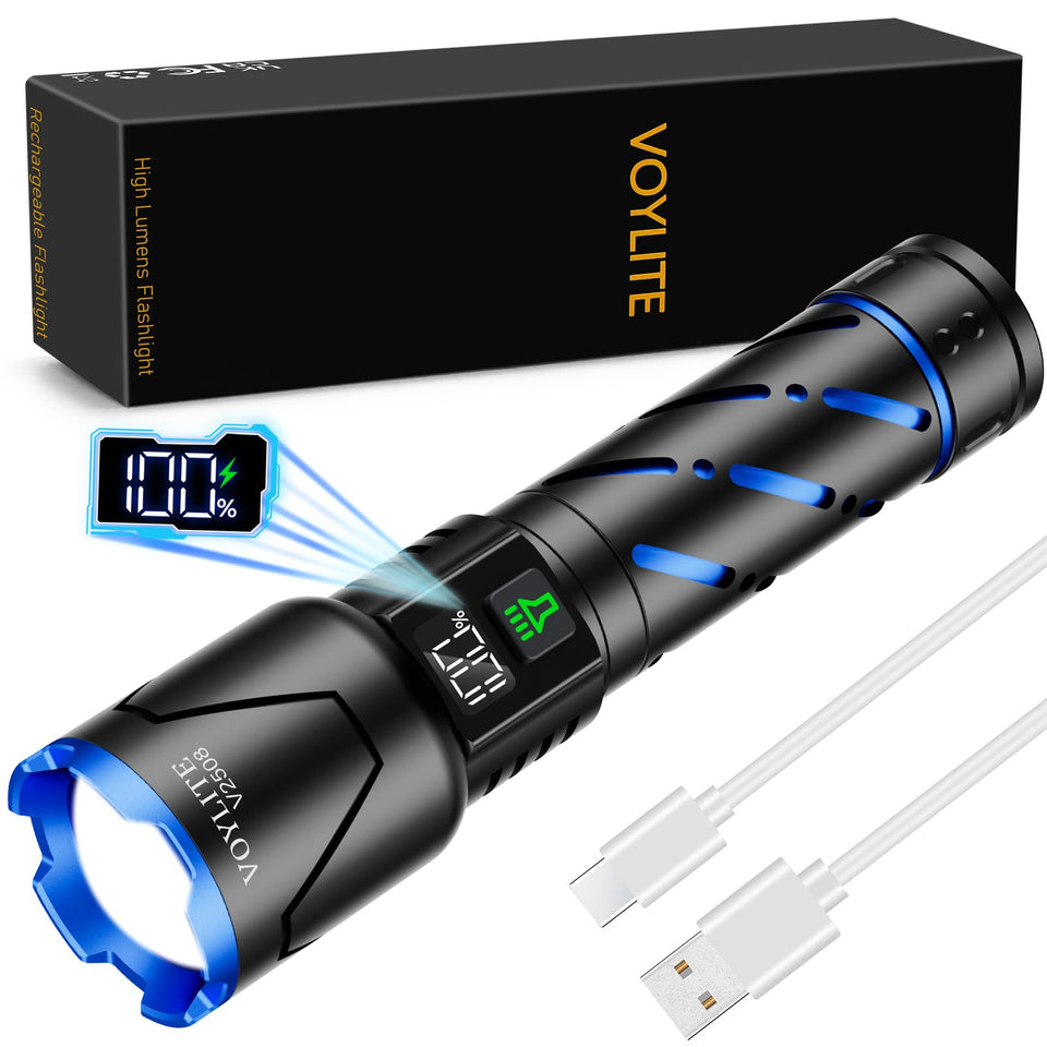 Voylite rechargeable flashlight with 100000-lumen beam for outdoor visibility.