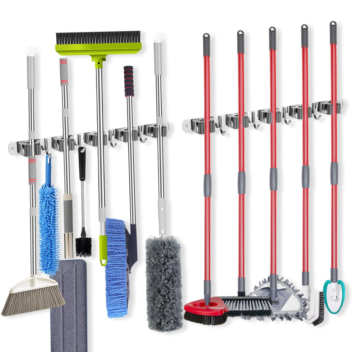 Voze 2-pack mop holder with 5 slots and 4 hooks for organized storage
