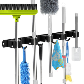 voze 5-slot mop and broom holder with 4 hooks keeps home tools off the floor.
