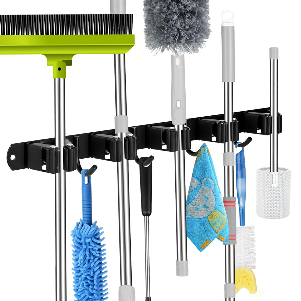 voze 5-slot mop and broom holder with 4 hooks keeps home tools off the floor.