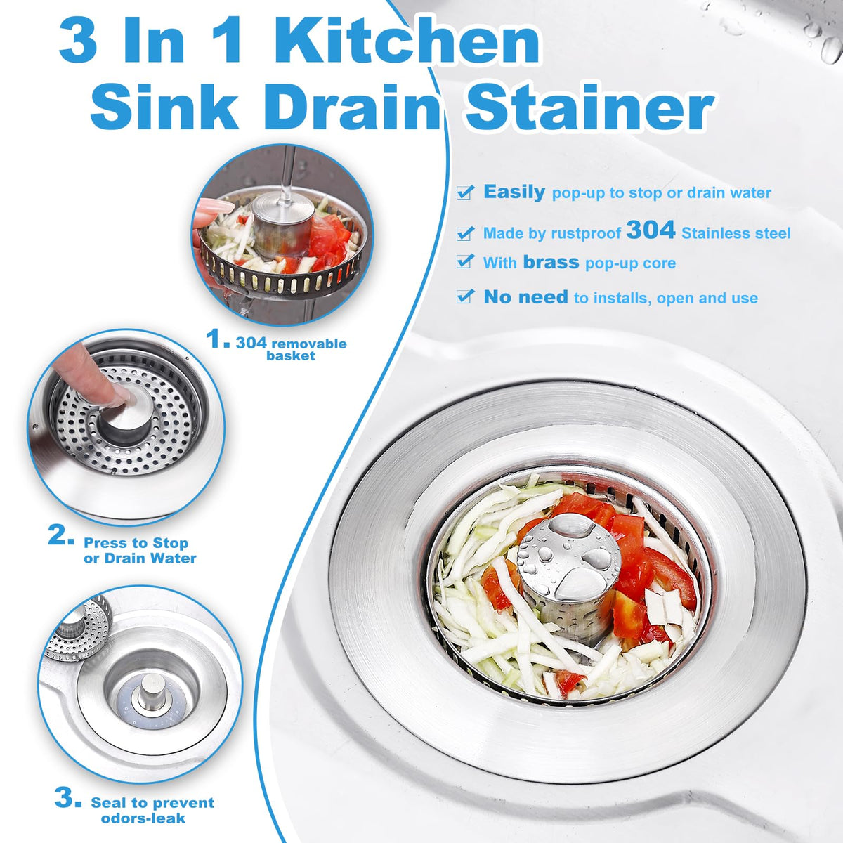 Voze stainless steel drain basket filter trapping scraps before entering pipes