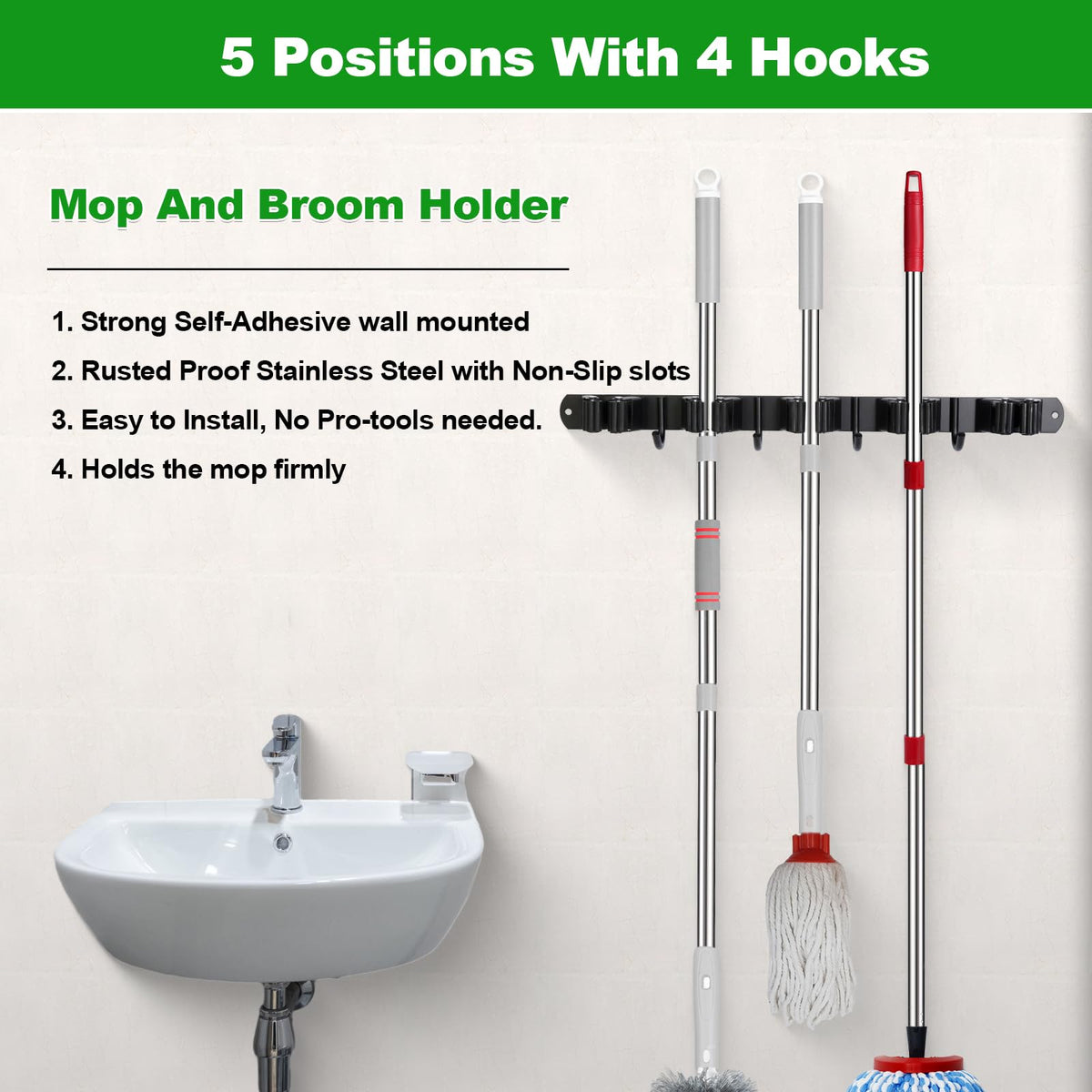 voze stainless steel wall mount in black finish holds mops securely.