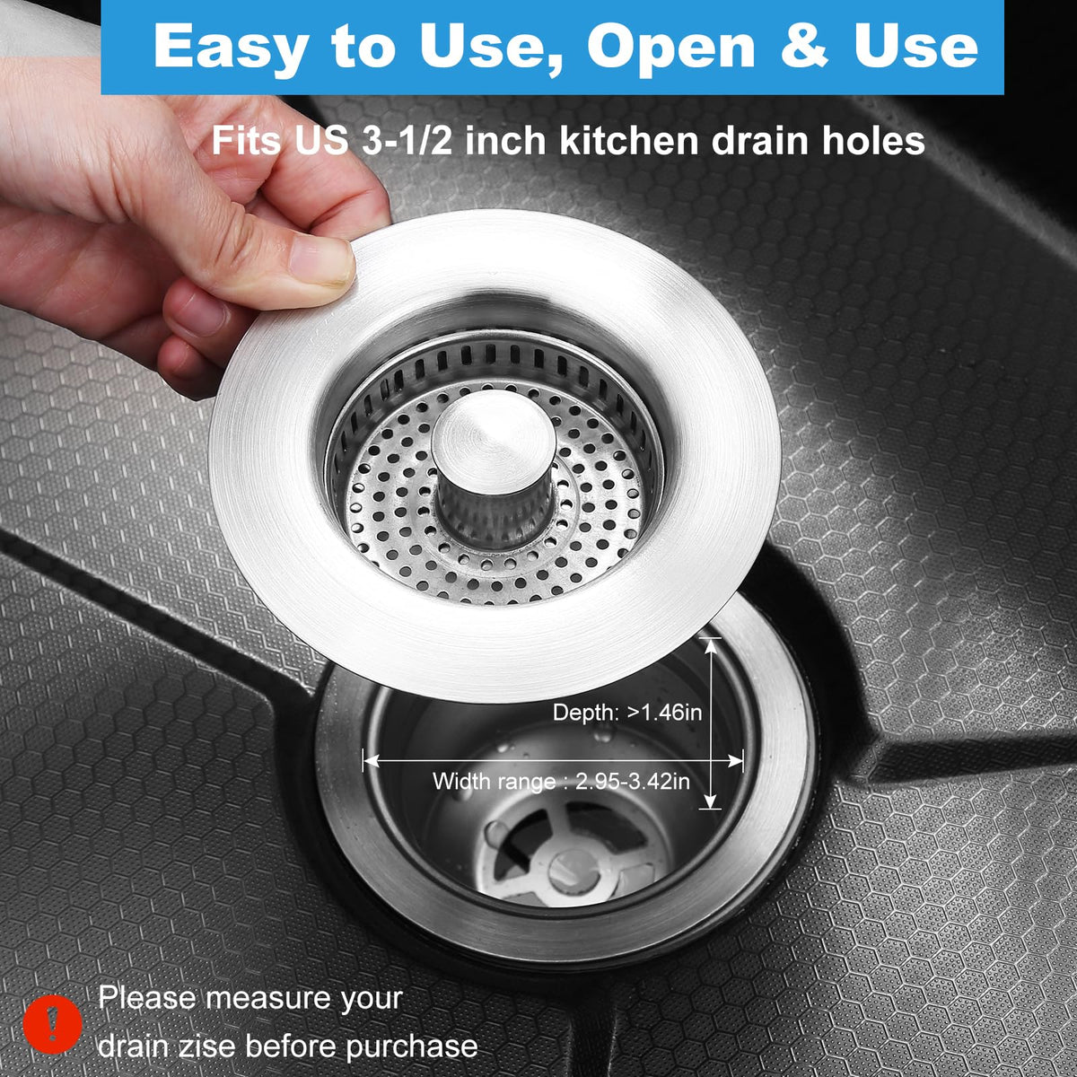 Voze 3-1/2 inch drain hole fit indicating universal compatibility for US standard drains