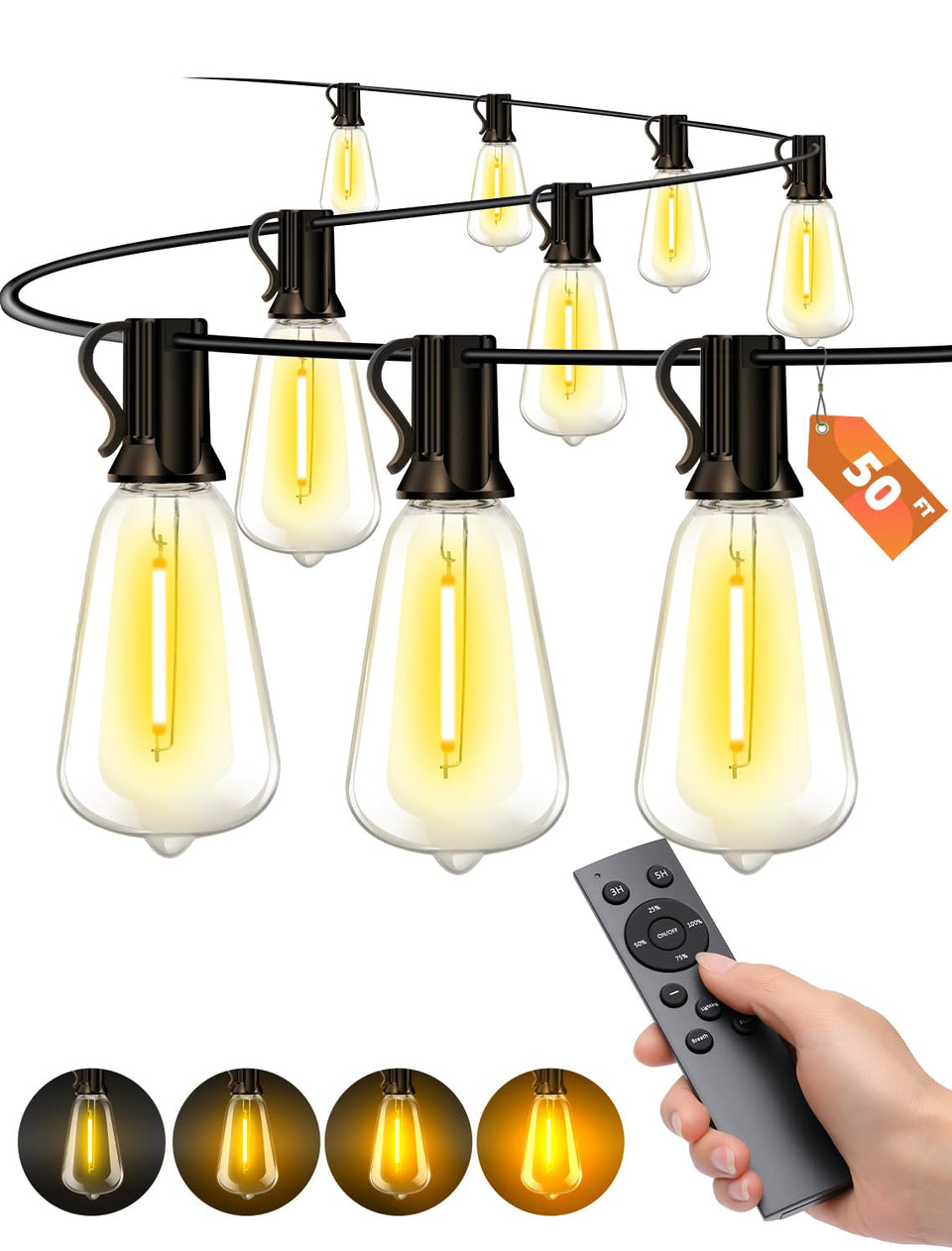 VOZUJI 50ft outdoor string lights over a patio for warm ambiance