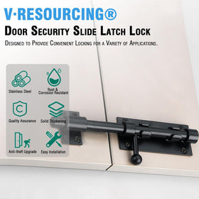 V·RESOURCING latch close-up shows stainless steel bolt durability.