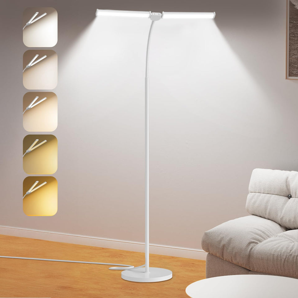 VRimNowit LED floor lamp dual-head angles for broad room lighting and focused tasks