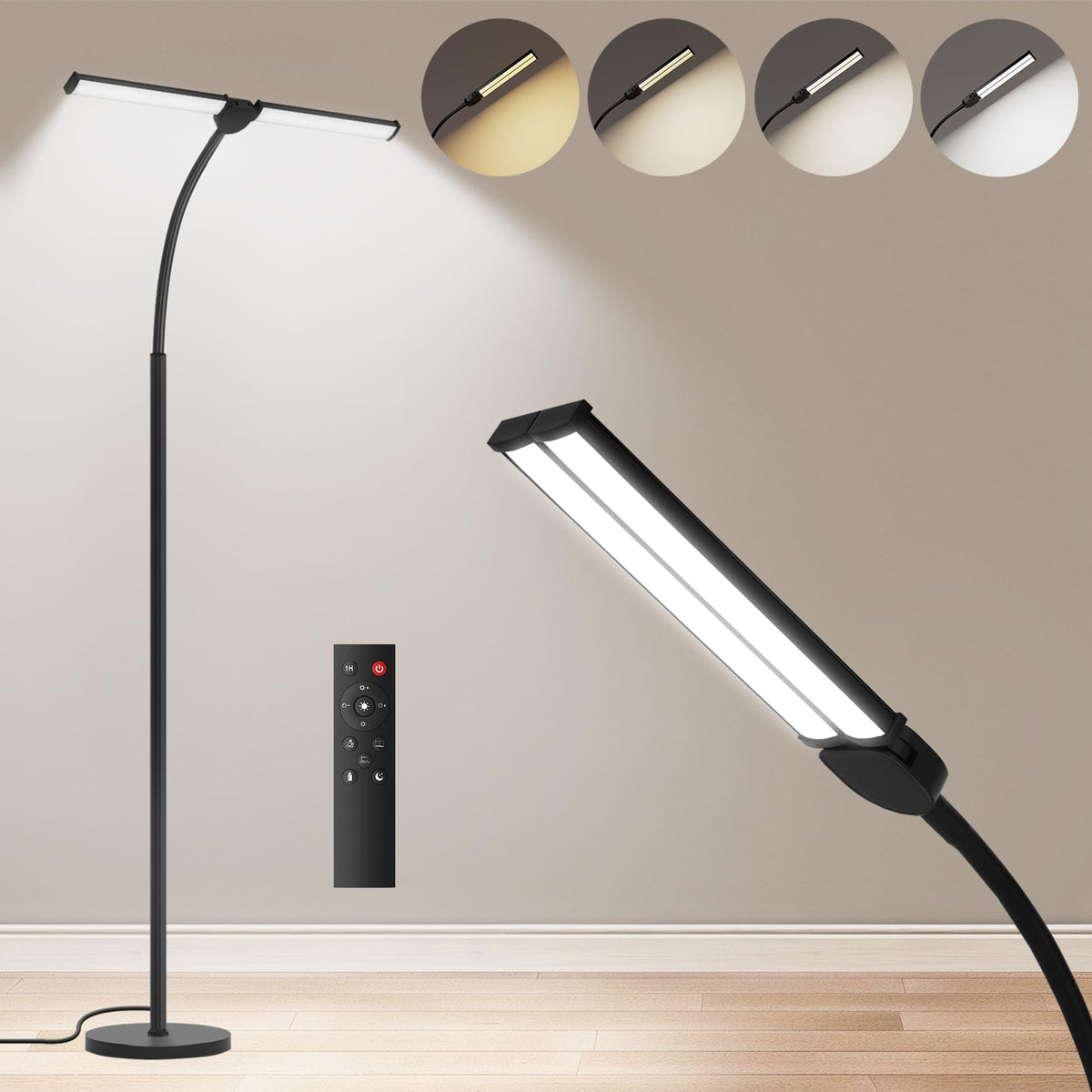 VrimNowit dual-head LED floor lamp with 180-degree rotation for versatile lighting.