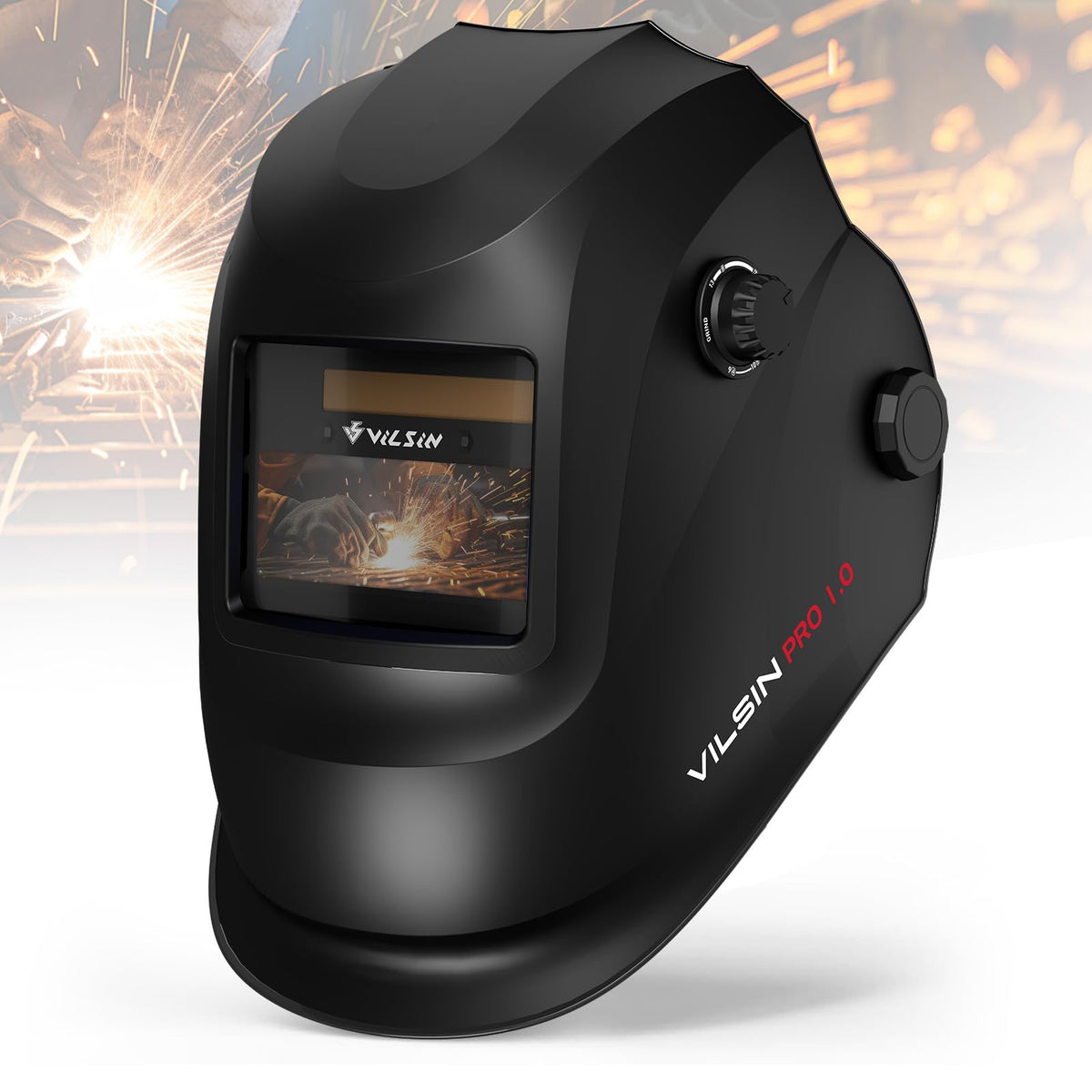 VS VILSIN welding helmet front view with auto-darkening protection for safer welding.