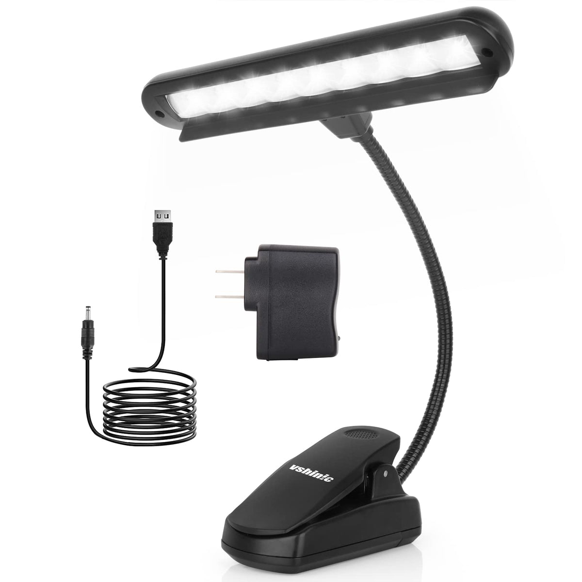 Vshinic music stand light clipped to a stand for even piano illumination.