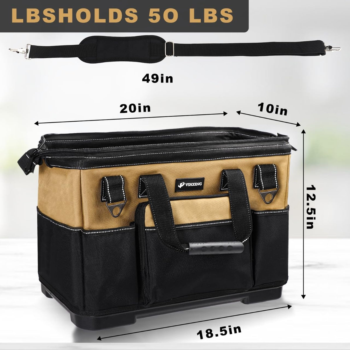 VSHXENG hard-molded bottom protects contents in rugged work sites.