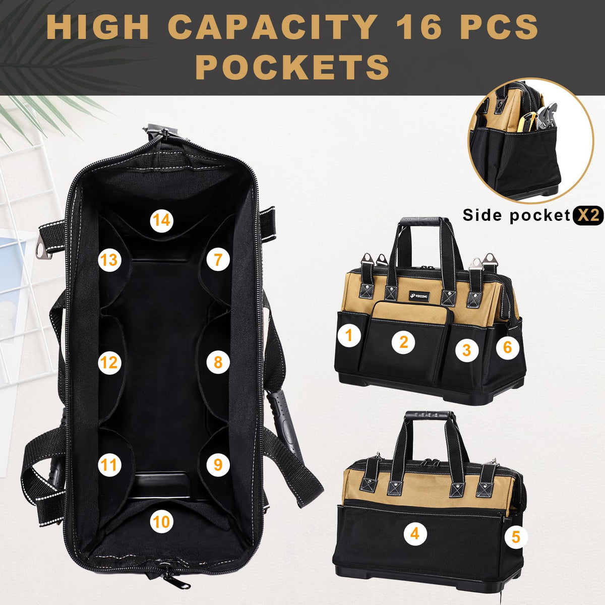 VSHXENG tool bag with open-mouth design for quick tool access.