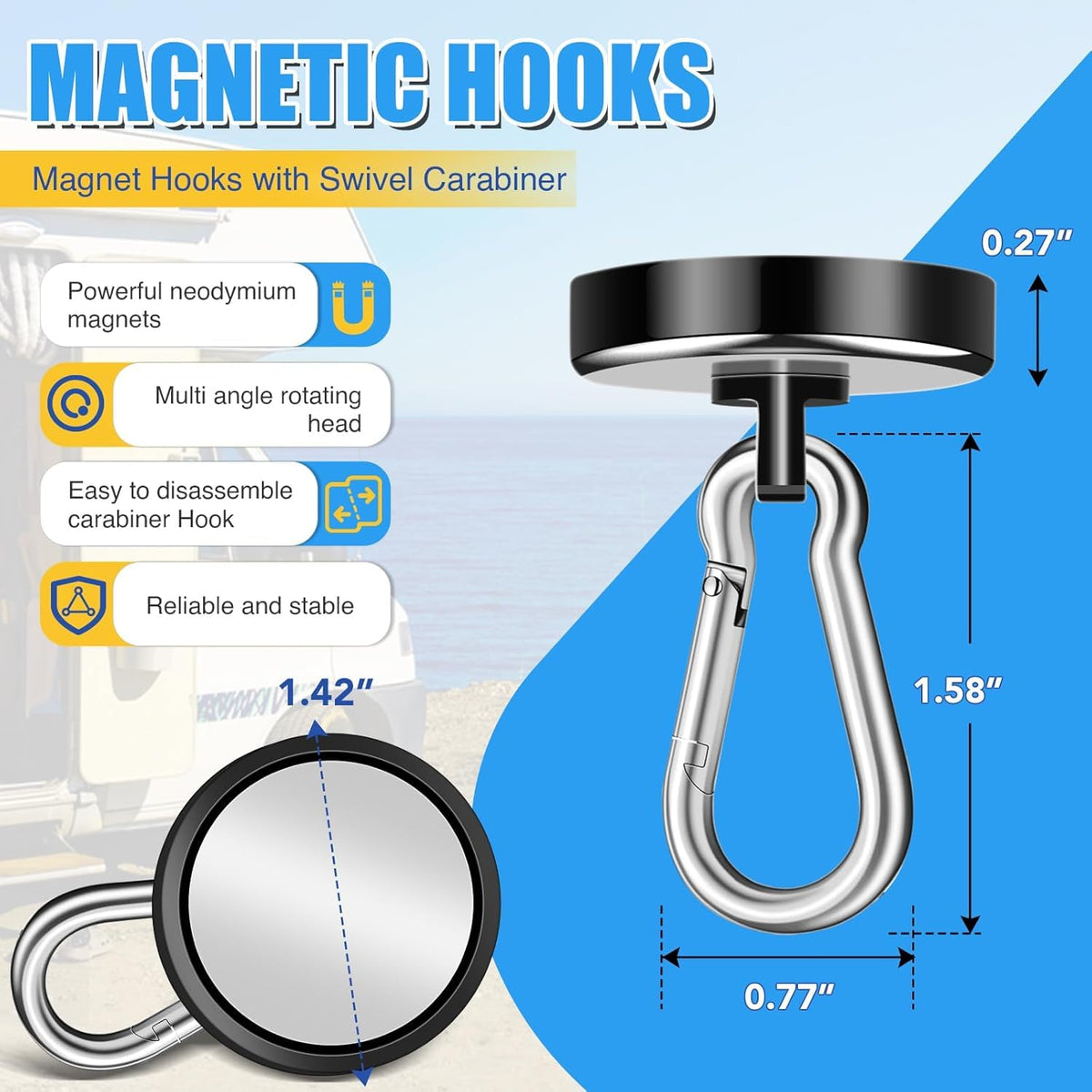VSKIZ magnetic hook attached horizontally demonstrating 50 lbs load capacity.
