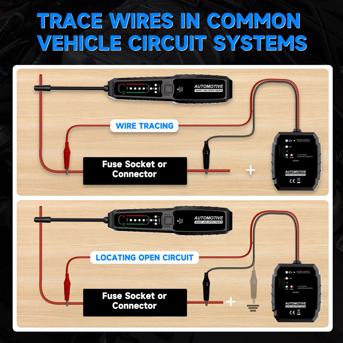 VSTM Wire Tracer open-circuit indicator shows a green signal for accuracy.
