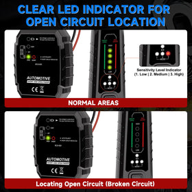 VSTM Wire Tracer receiver locates short circuits with red light and rapid beeps.